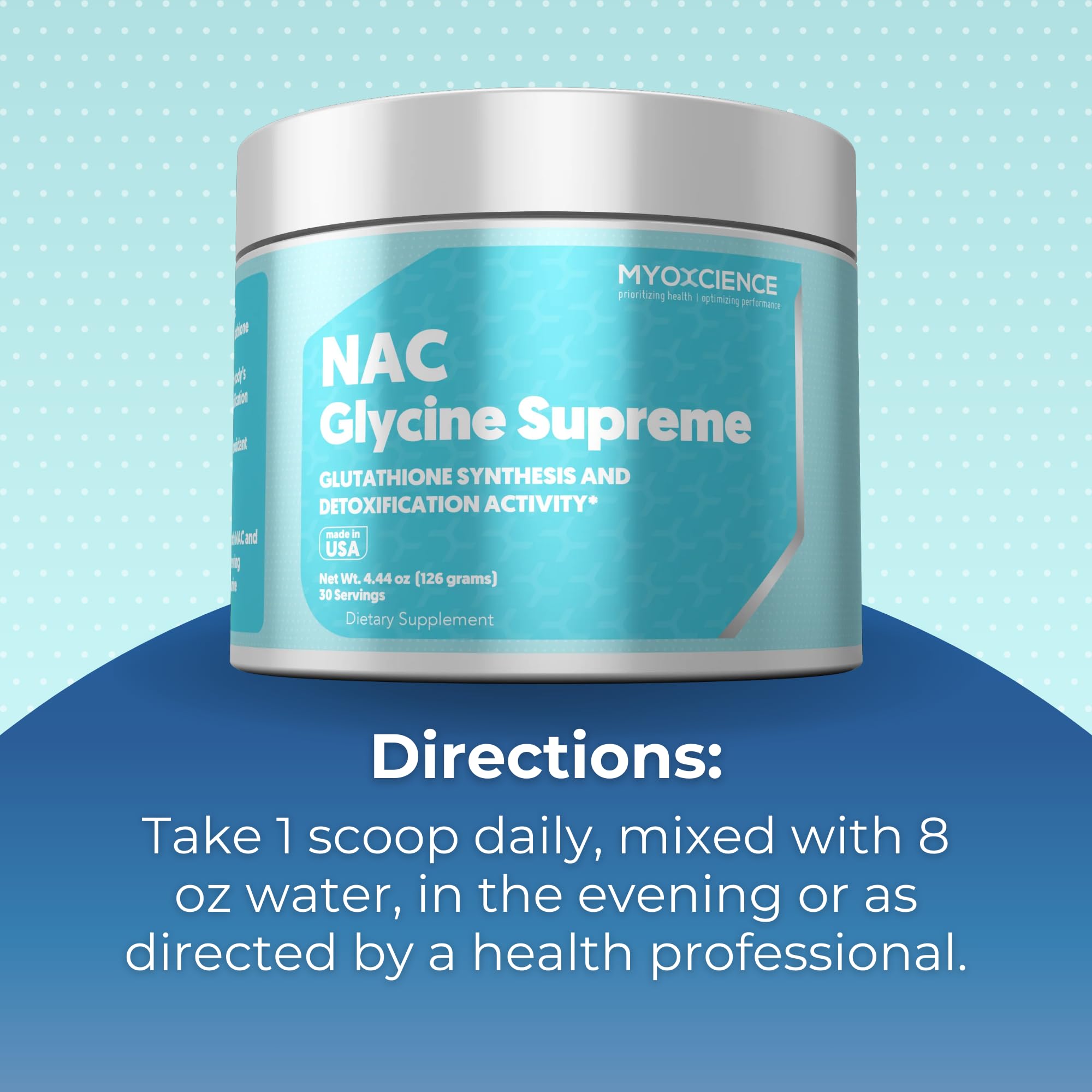 Illustration showing how to mix one scoop in 8 oz of water in the evening.