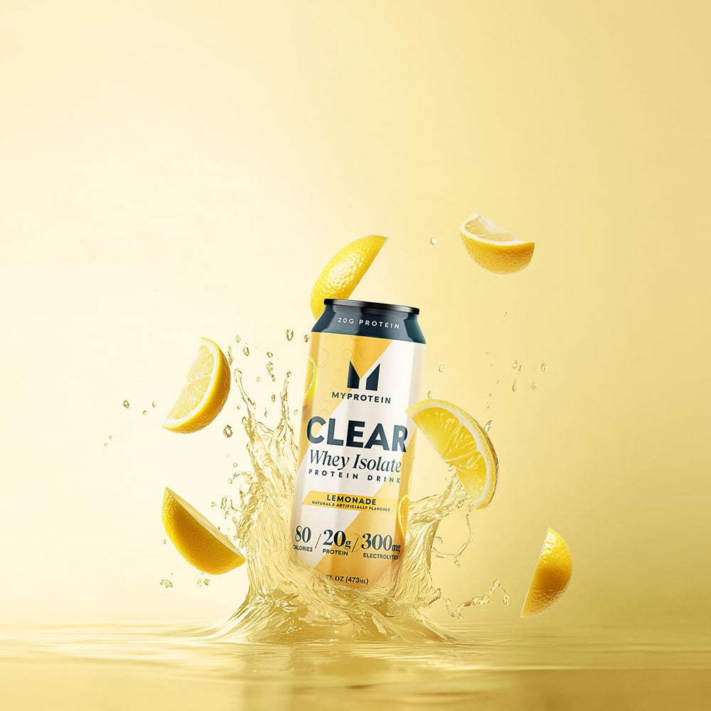 Clear Whey Isolate Lemonade packaging and 12-pack display