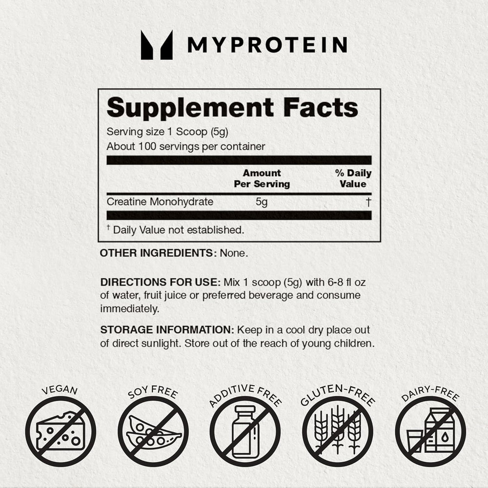 Usage and serving scoop for Myprotein Creatine Monohydrate Powder