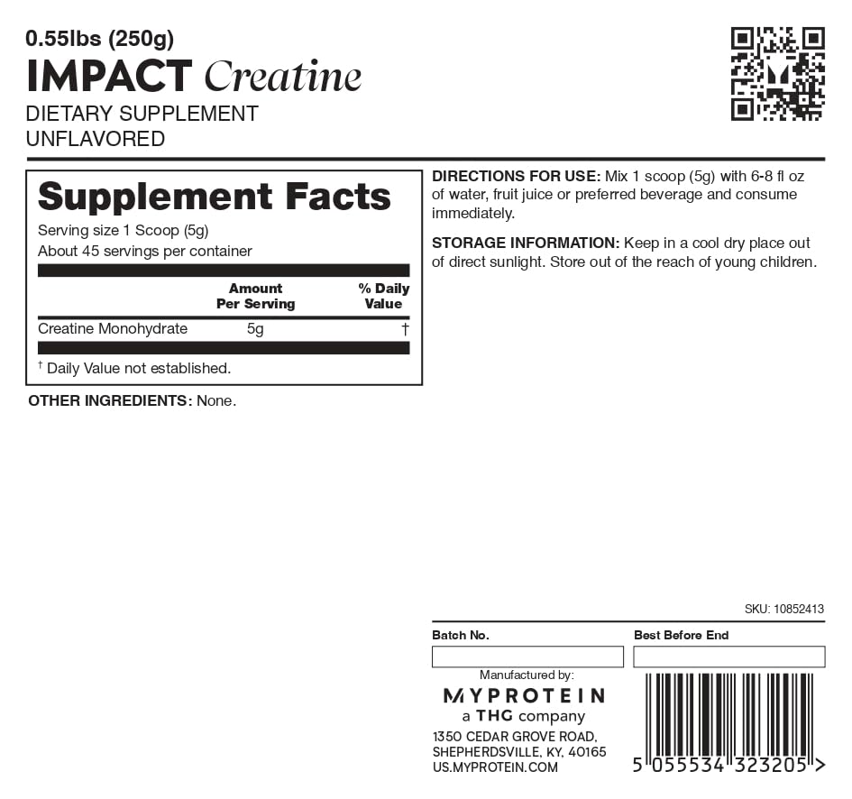 Product packaging and tub of Myprotein Creatine Monohydrate Powder