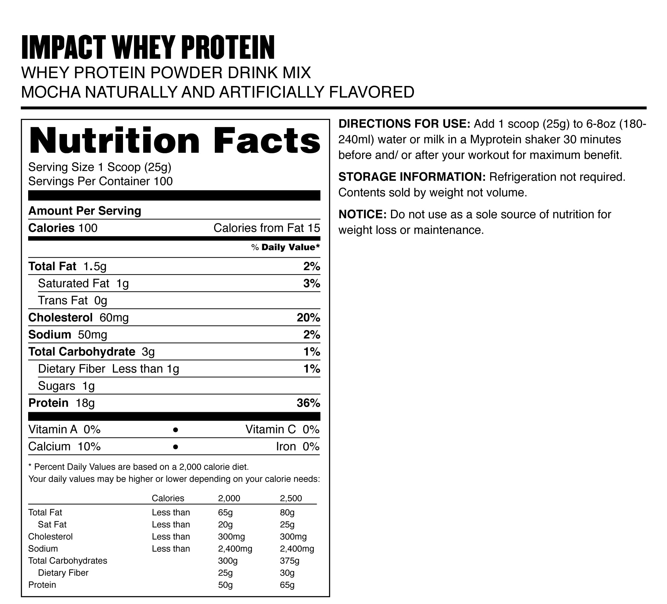 Ingredient and protein per serving close-up