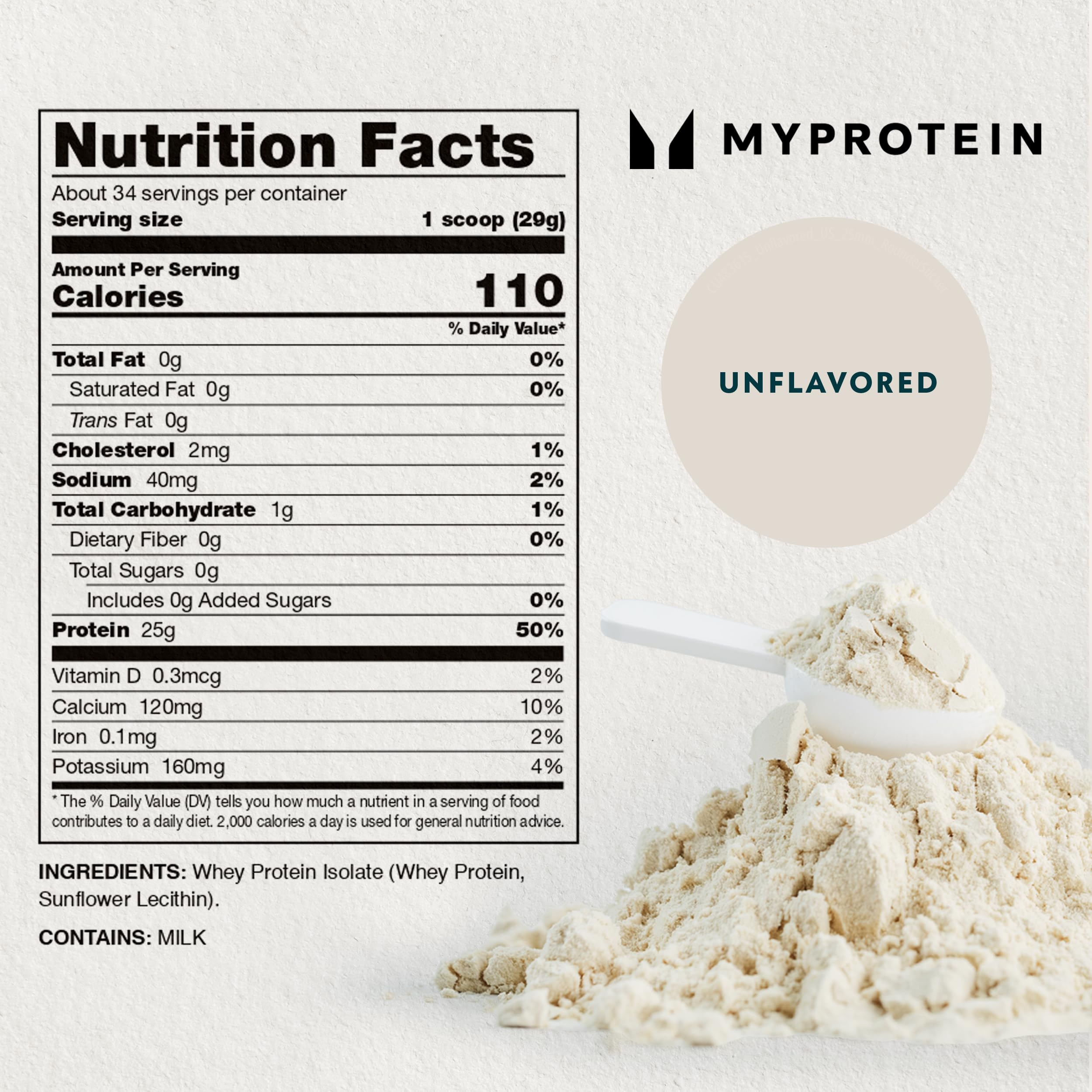 Myprotein Impact Whey Protein Isolate scoop with dry powder for quick pre- and post-workout nutrition