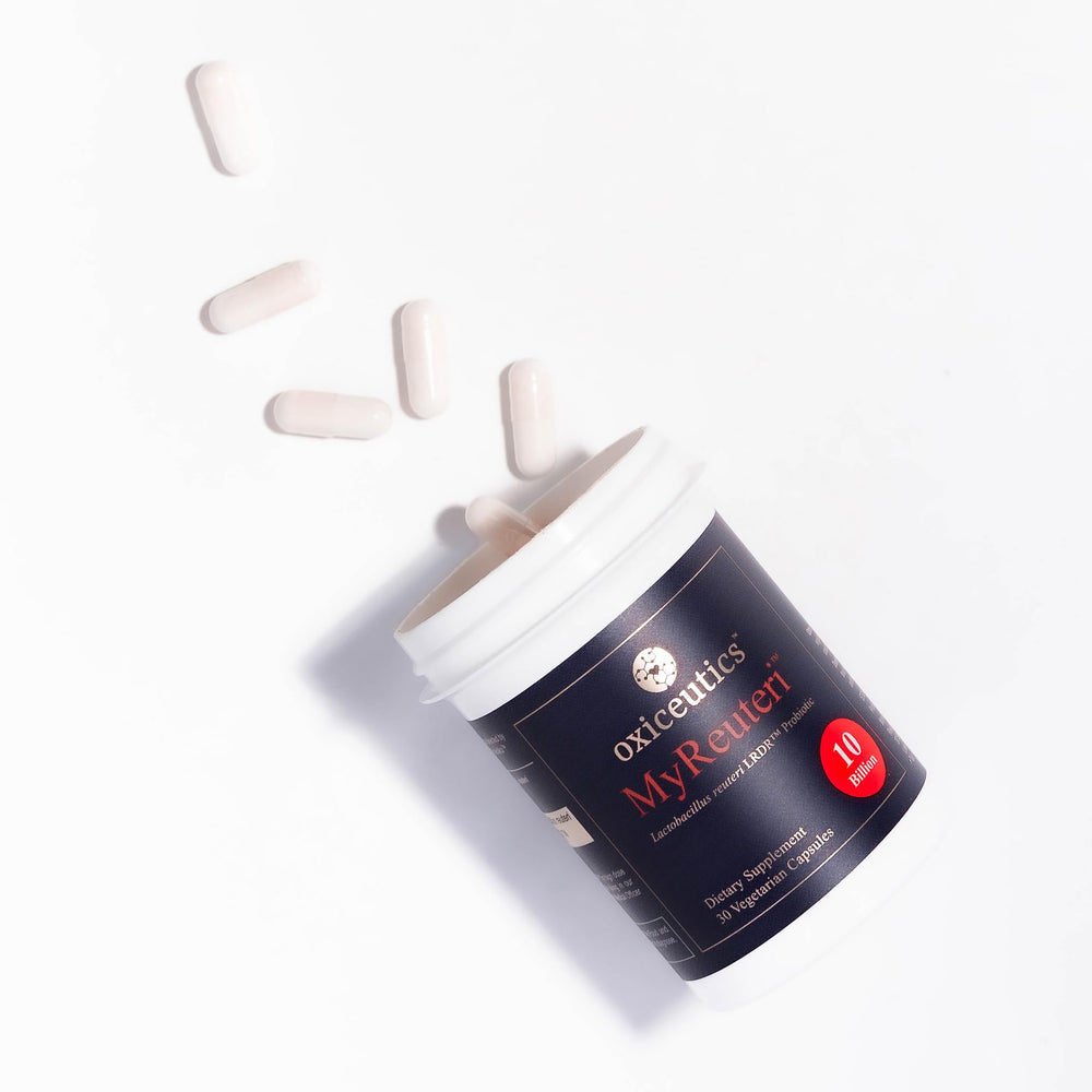 MyReuteri LRDR yogurt-starter culture in a jar with capsules and powder