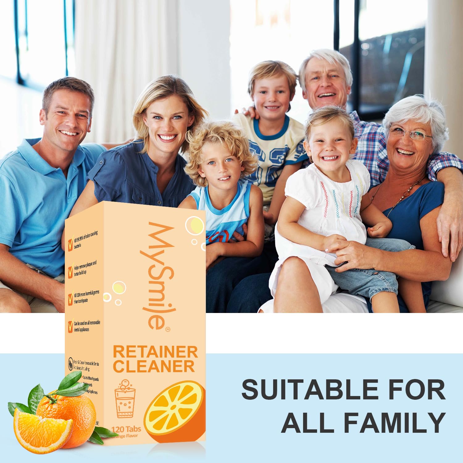 Product packaging featuring MySmile branding and orange-flavor tablets