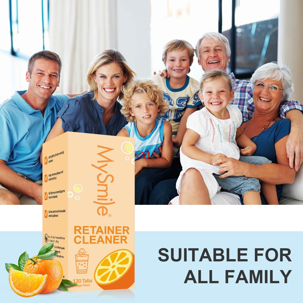 Product packaging featuring MySmile branding and orange-flavor tablets
