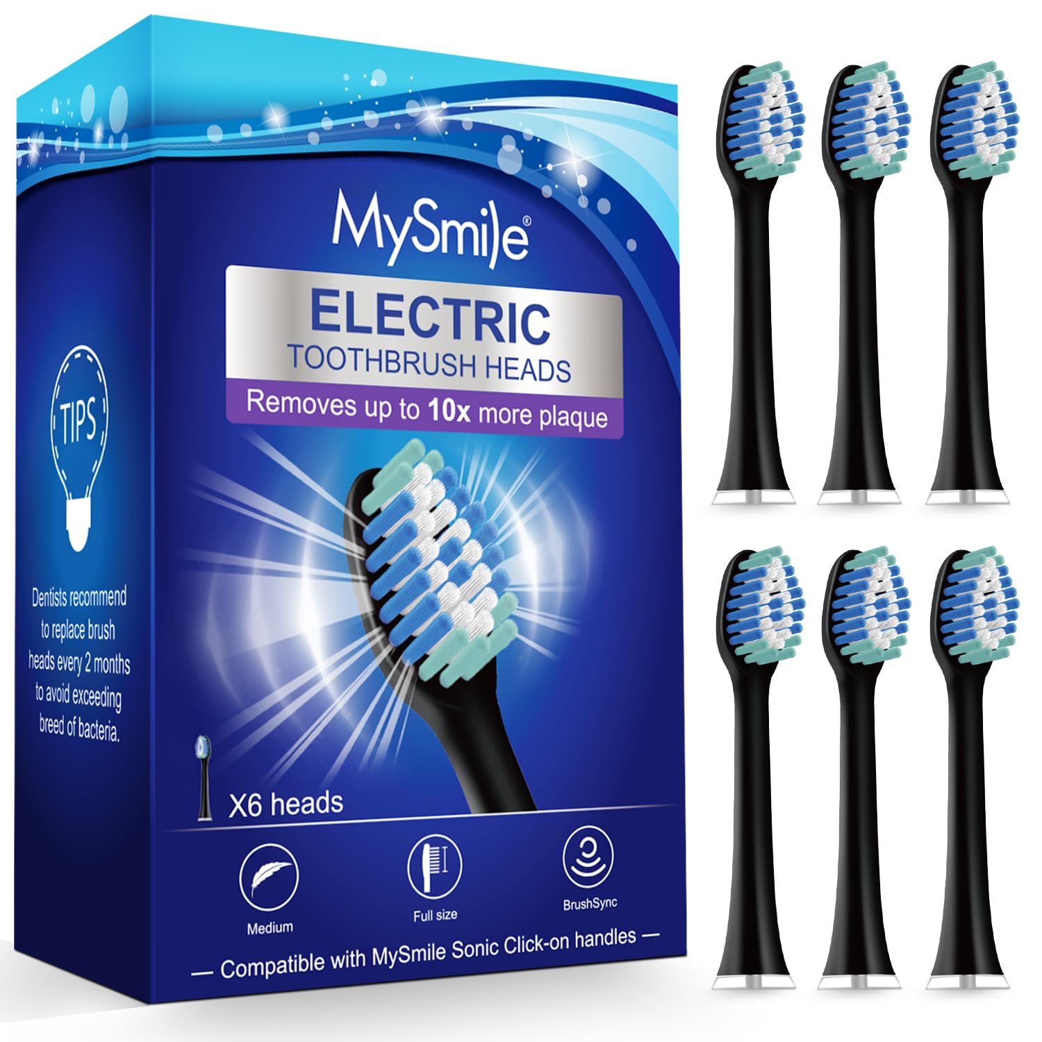 Six-pack of MySmile electric toothbrush replacement heads (black)