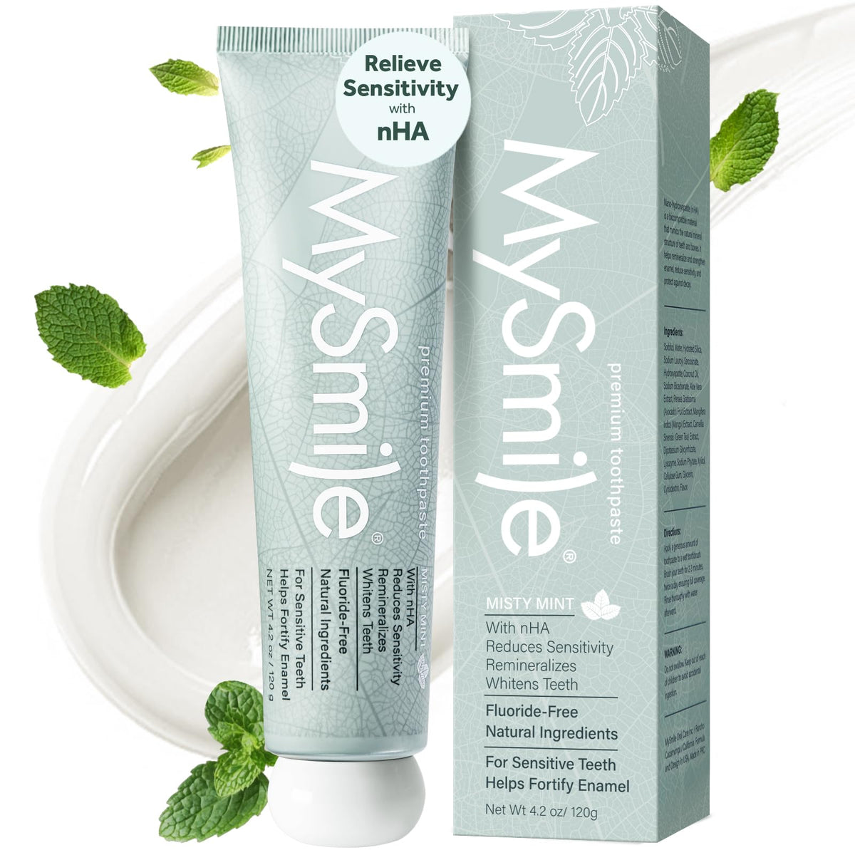 Hero image of MySmile fluoride-free toothpaste with nano hydroxyapatite in Misty Mint flavor