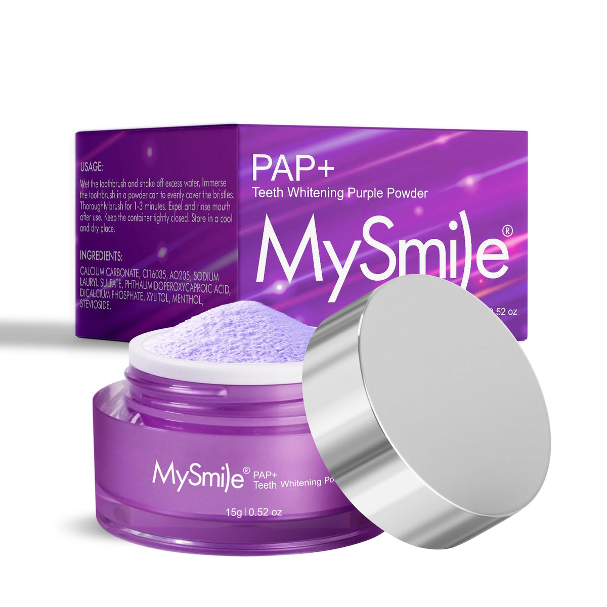 MySmile Pap Natural Mint Teeth Whitening Powder 1.04 oz in bright purple
