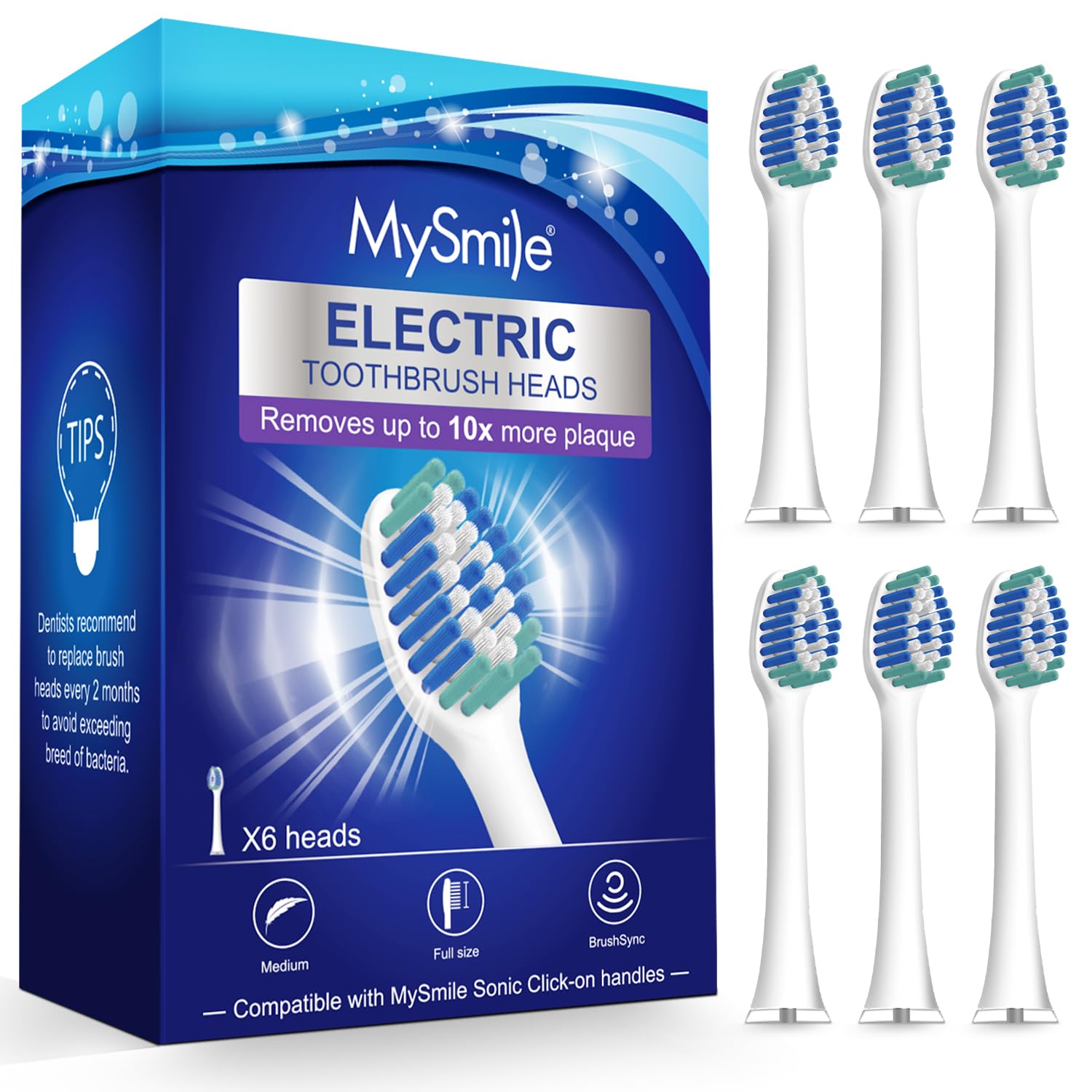 Six MySmile replacement toothbrush heads in white, front view