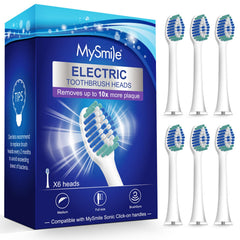 Six MySmile replacement toothbrush heads in white, front view