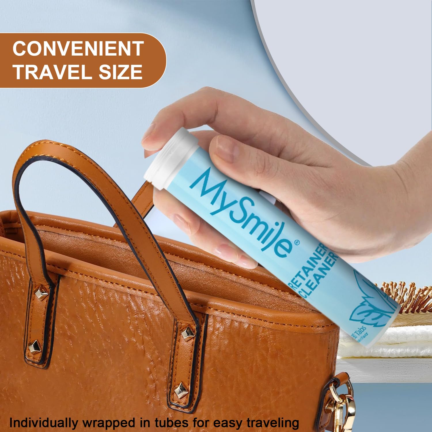 4-month supply of MySmile denture cleaning tablets in a travel tube