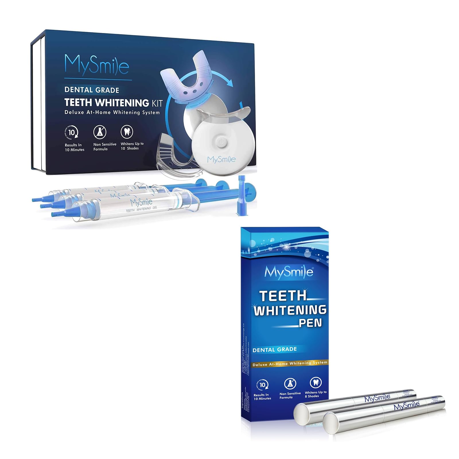 Front view of MySmile LED Teeth Whitening Kit with pen and gel