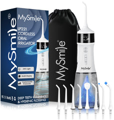 Front view of MySmile LP221 Pearl White cordless water flosser