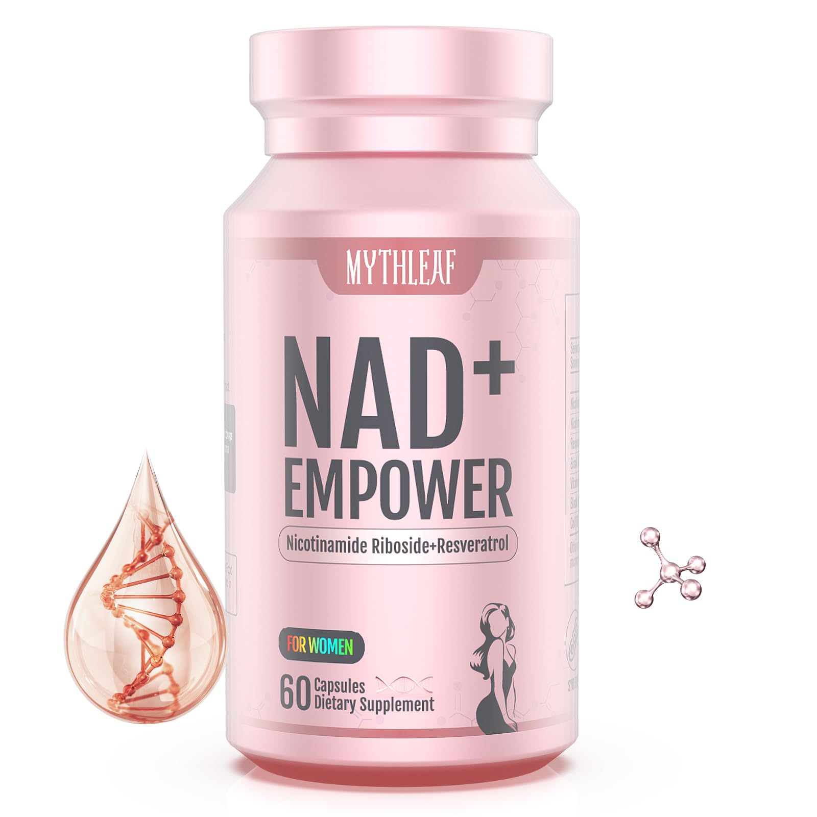 MythLeaf NAD+ Supplement for Women bottle in rose gold-pink packaging