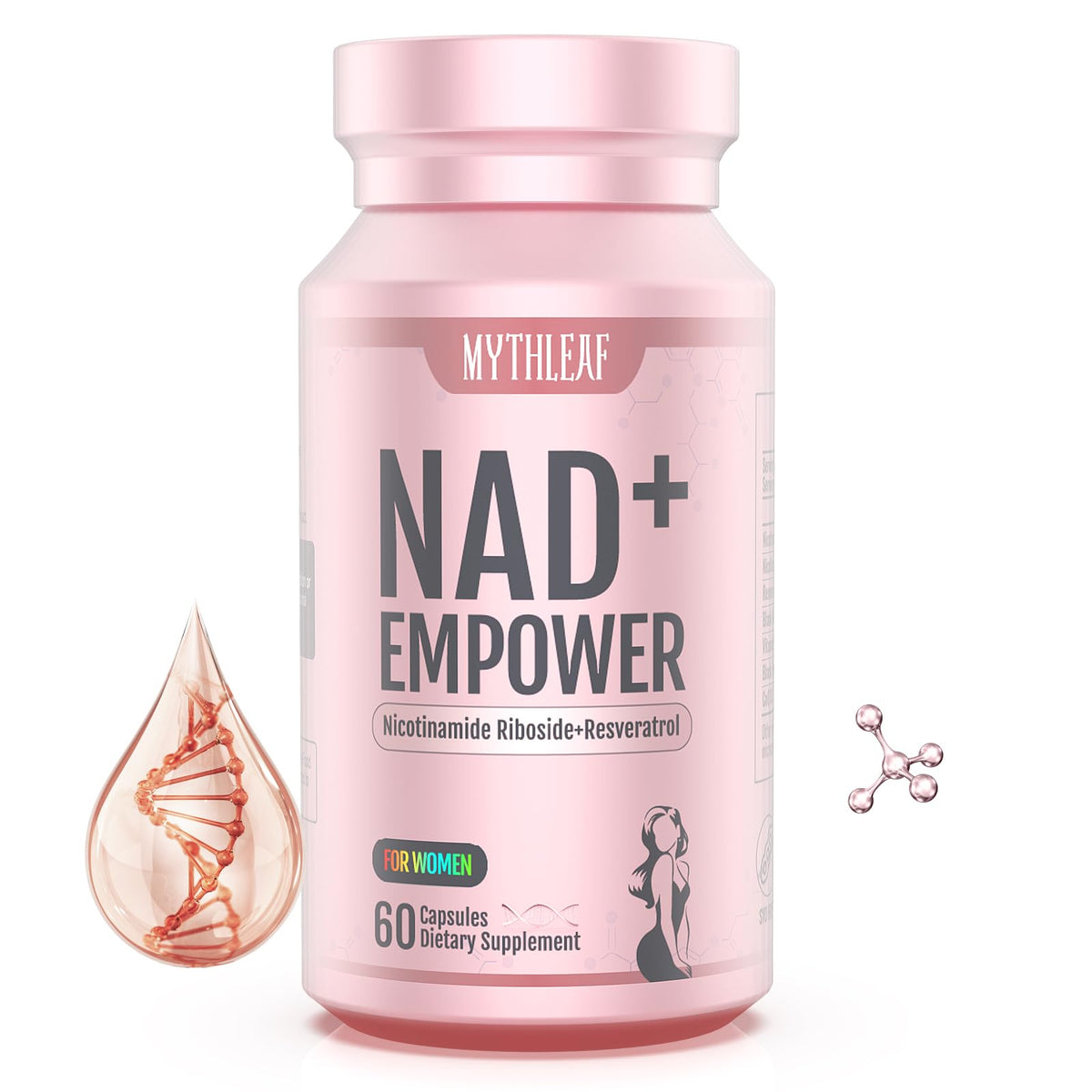 MythLeaf NAD+ Supplement for Women bottle in rose gold-pink packaging