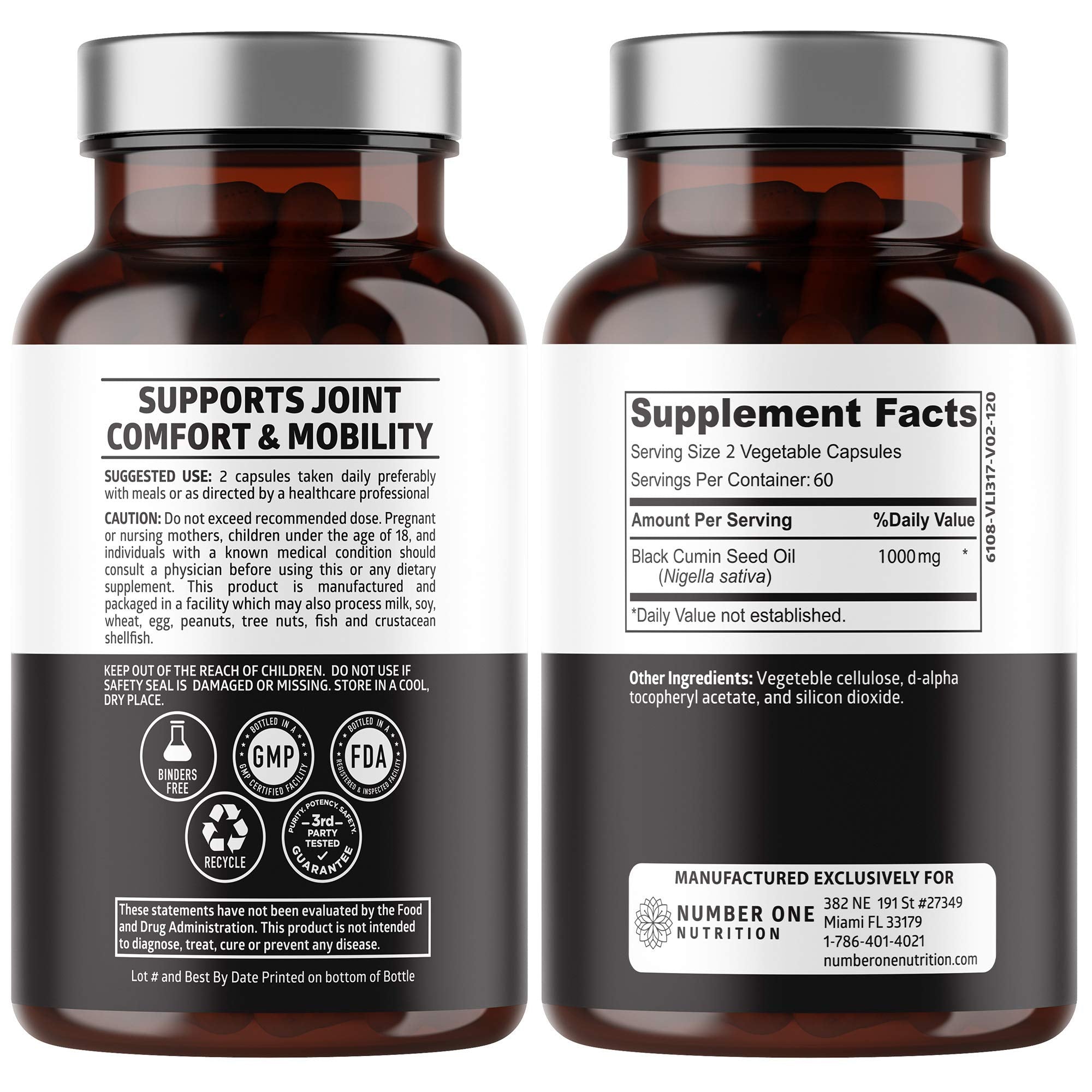 Close-up of black seed oil capsules showing 1000 mg potency