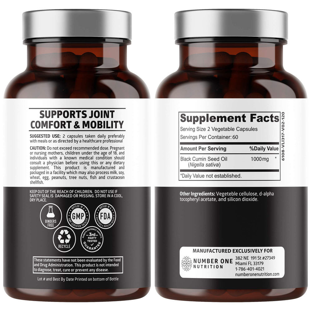 Close-up of black seed oil capsules showing 1000 mg potency