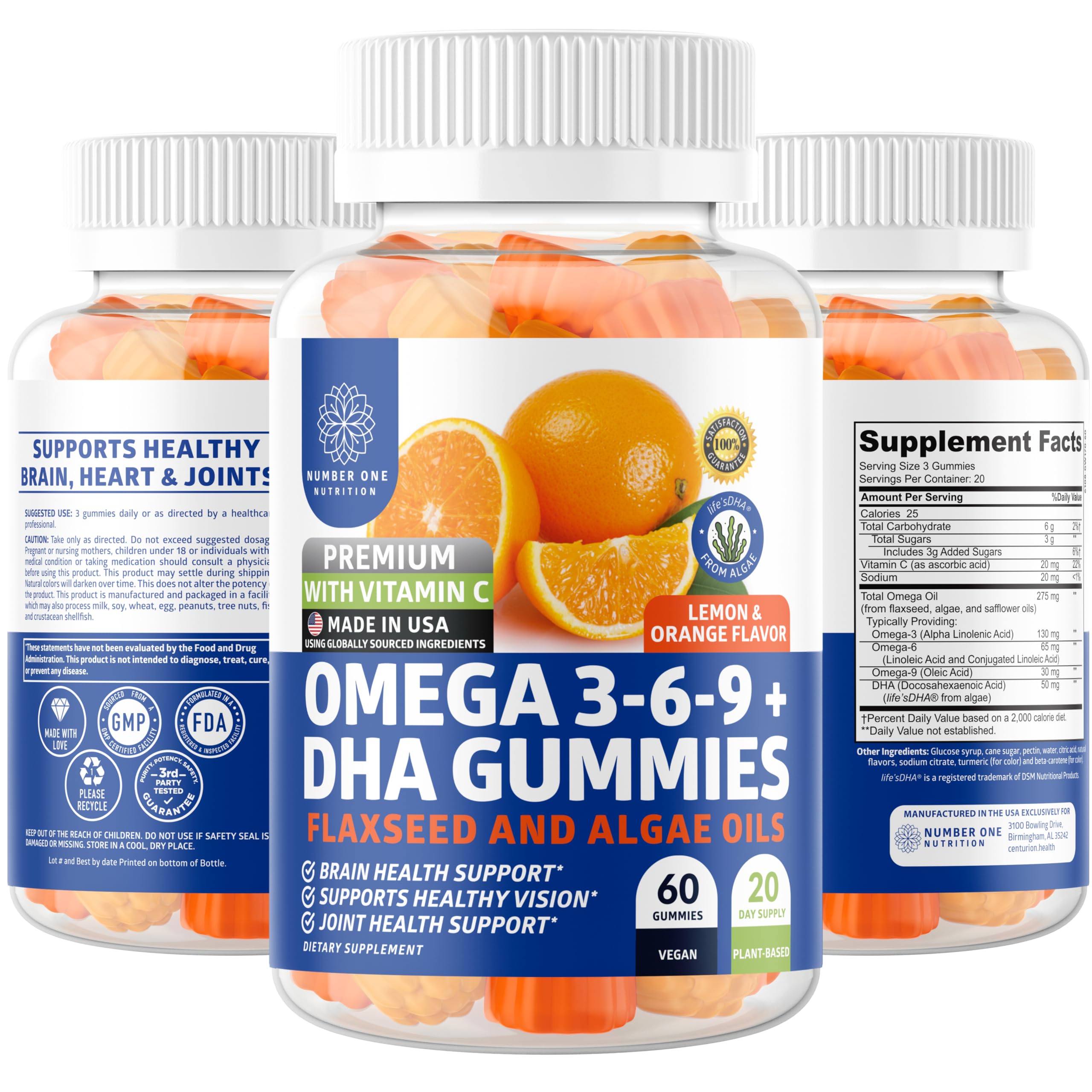 Bottle of N1N Premium Omega 3 6 9 + DHA Gummies - vegan omega supplement