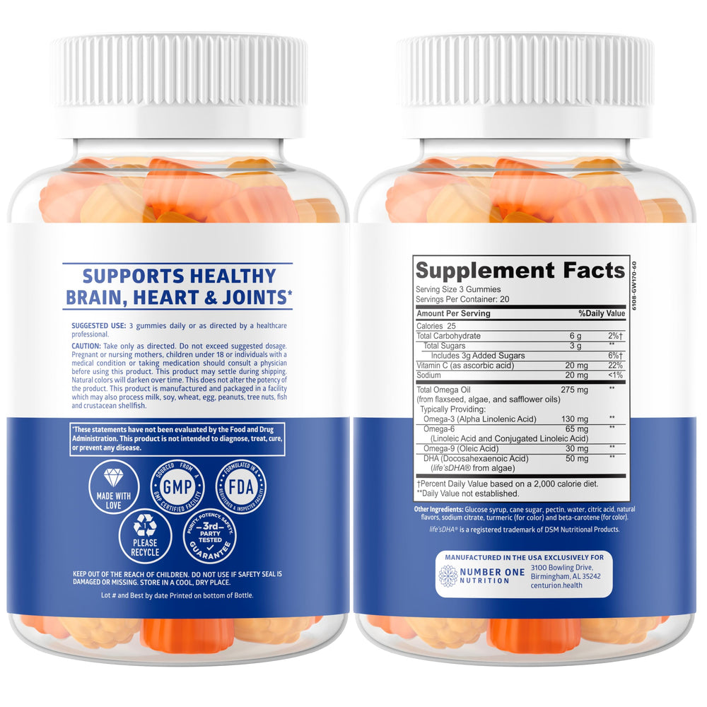 Gummies with lemon and orange flavor accents for vegan omega complex