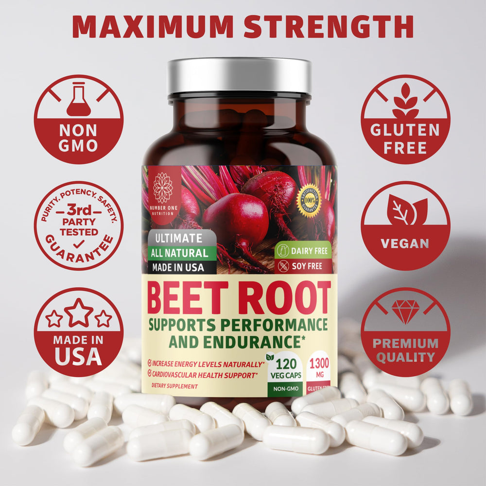 Bottle of N1N Premium Organic Beet Root Capsules with 120 capsules