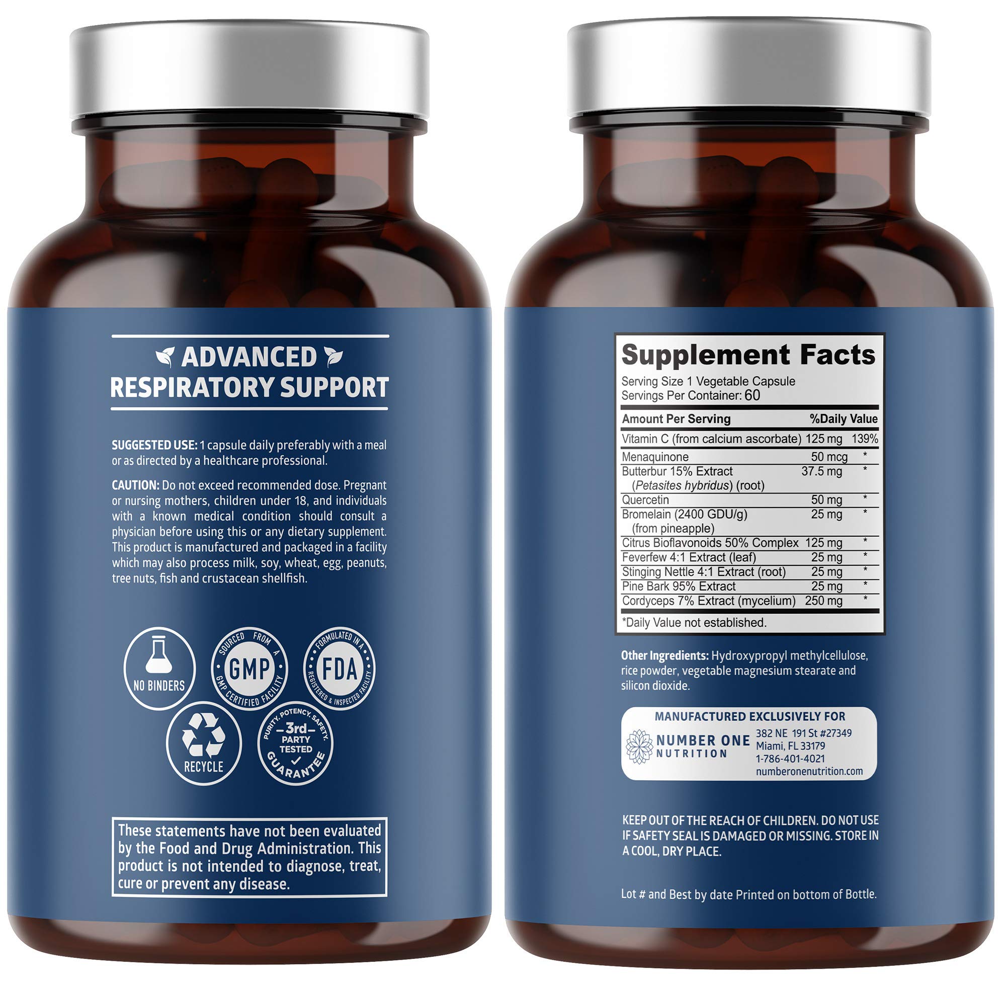 Close-up of natural ingredients for lung support: Cordyceps, Vitamin C, Quercetin
