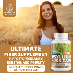 Six psyllium husk capsules inside a bottle