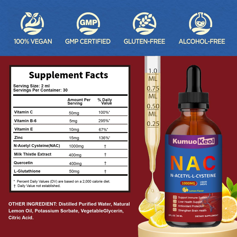 NAC 1000mg Drops Lemon flavor bottle - back label