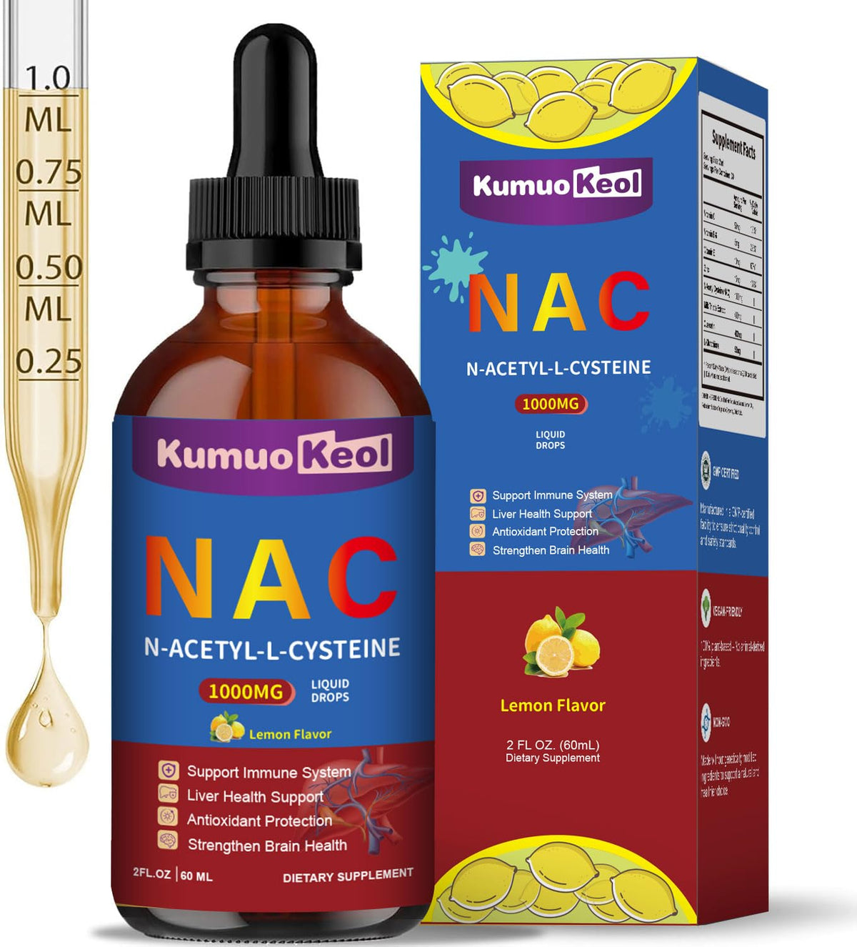 NAC 1000mg Drops Lemon flavor bottle - front view
