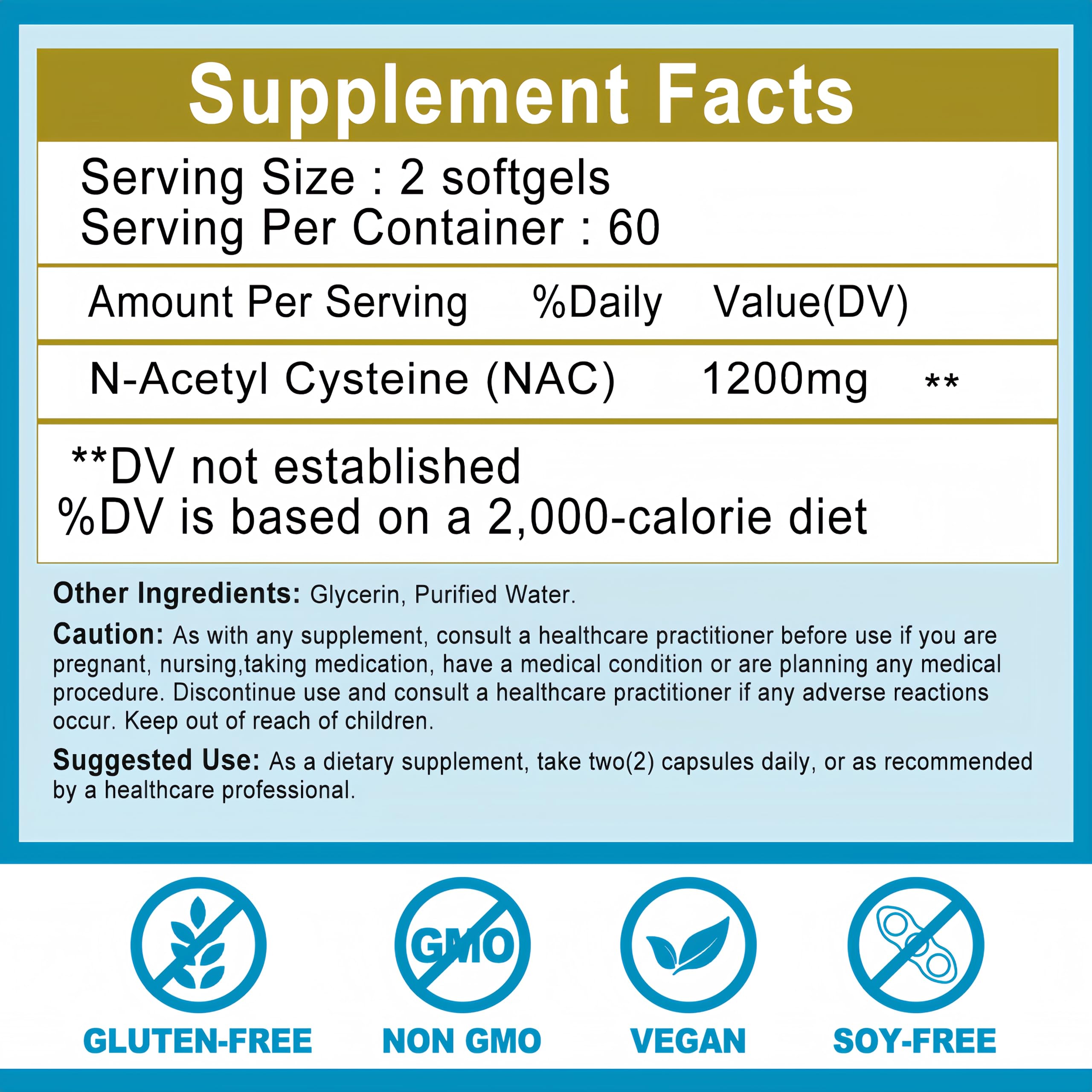 Gluten-free, non-GMO NAC softgels packaging