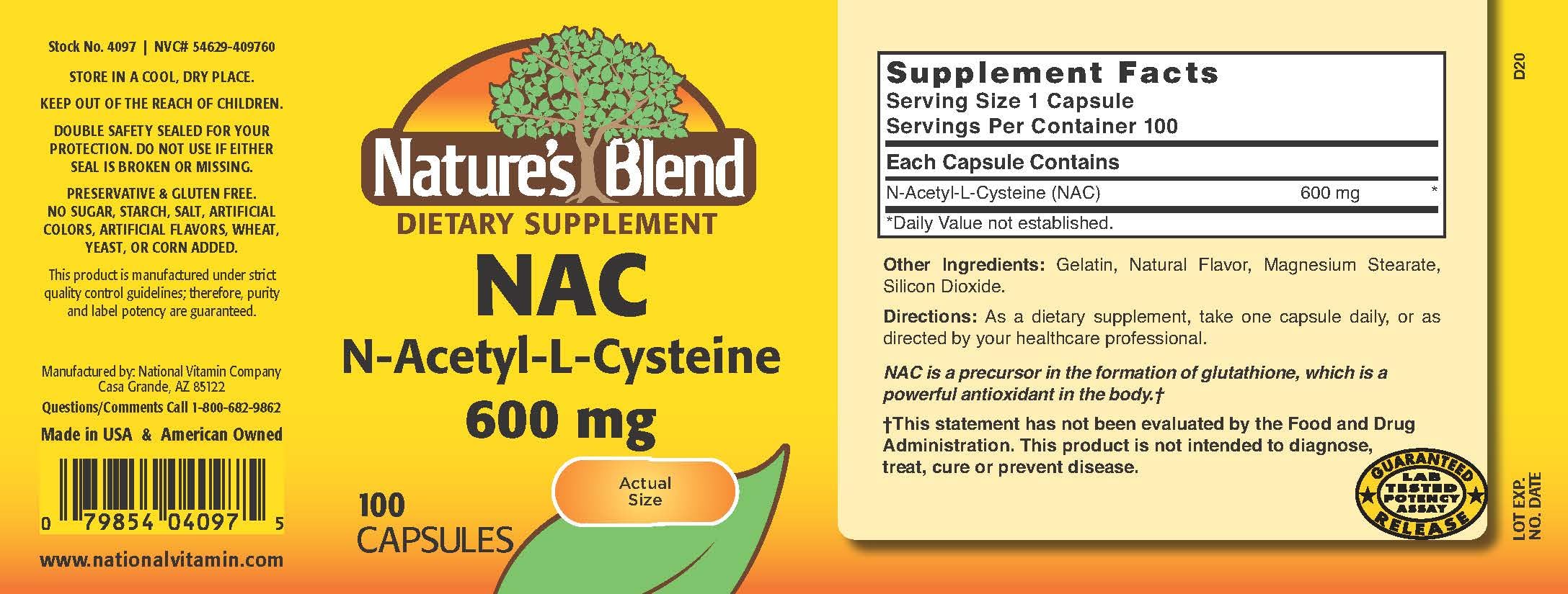 Close-up of NAC 600mg capsules showing texture and color
