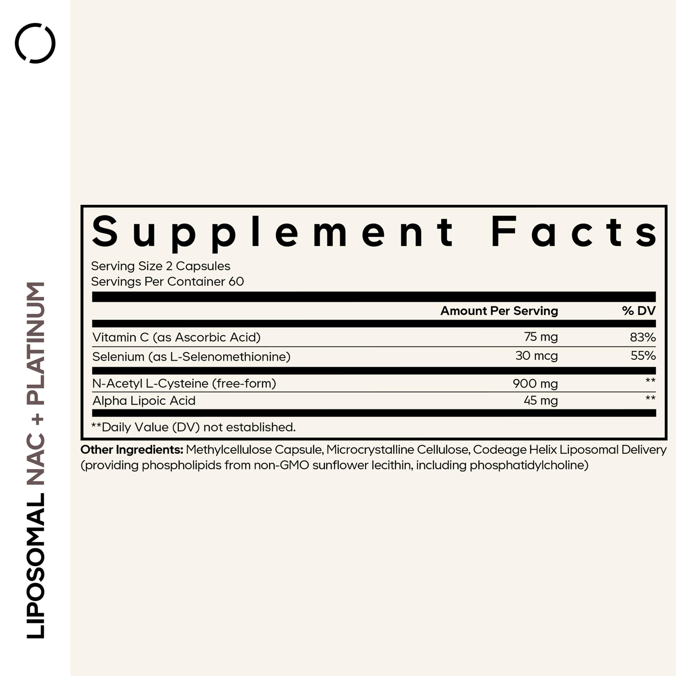 Close-up of NAC, Vitamin C, alpha-lipoic acid and selenium ingredients