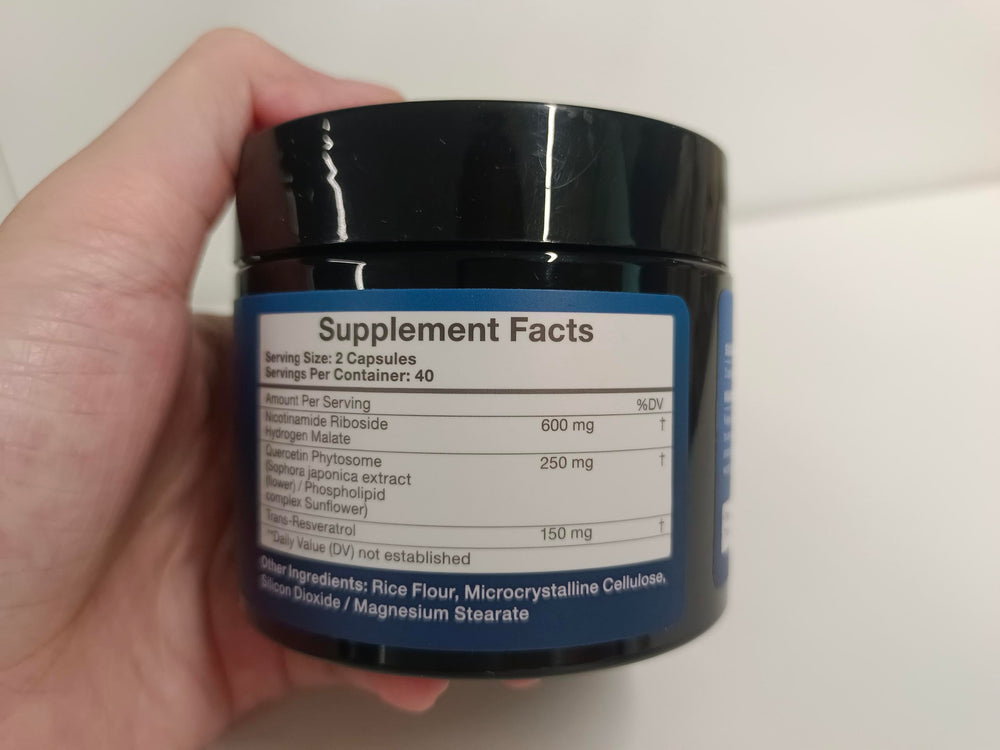 Packaging display of 80-capsule NAD+ supplement bottle