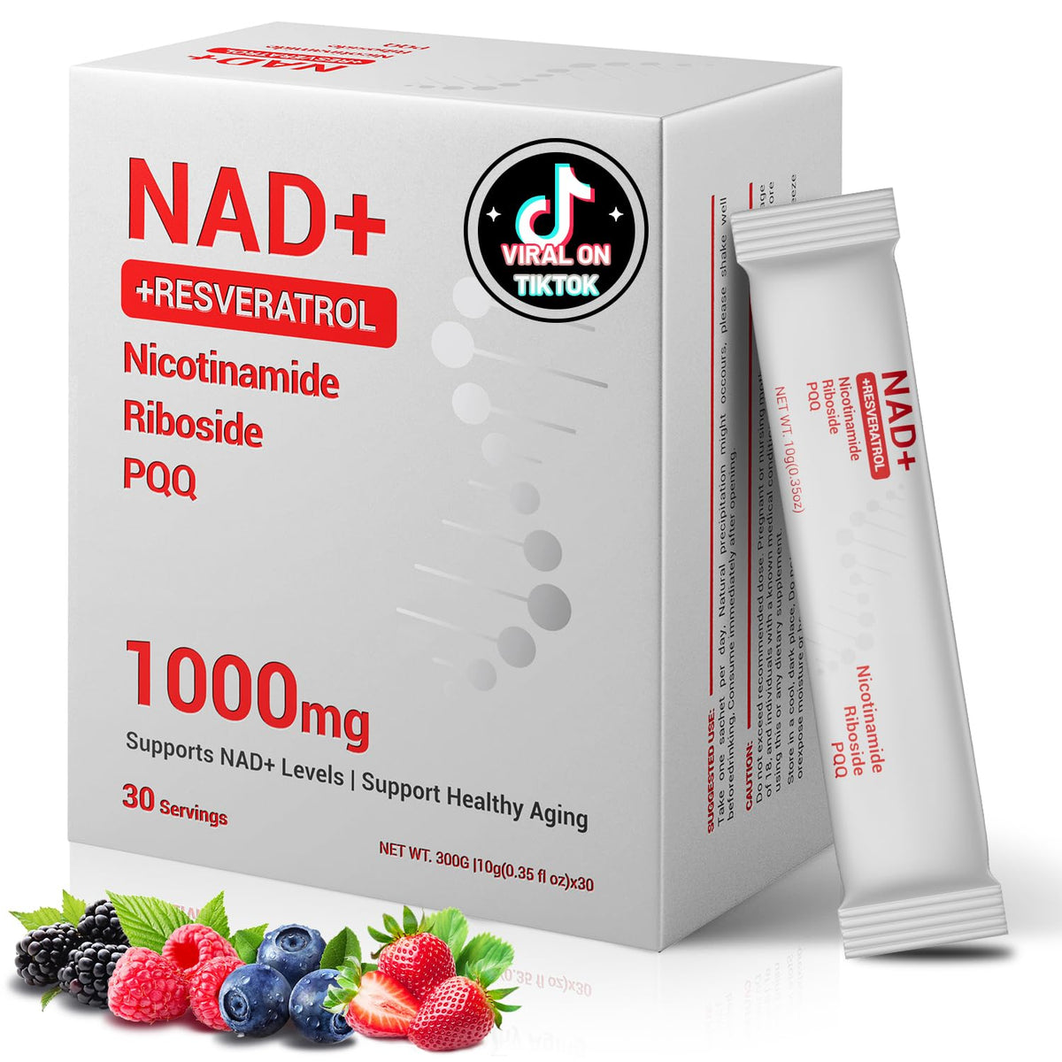 Front view of NAD 1000mg with Resveratrol liquid packets