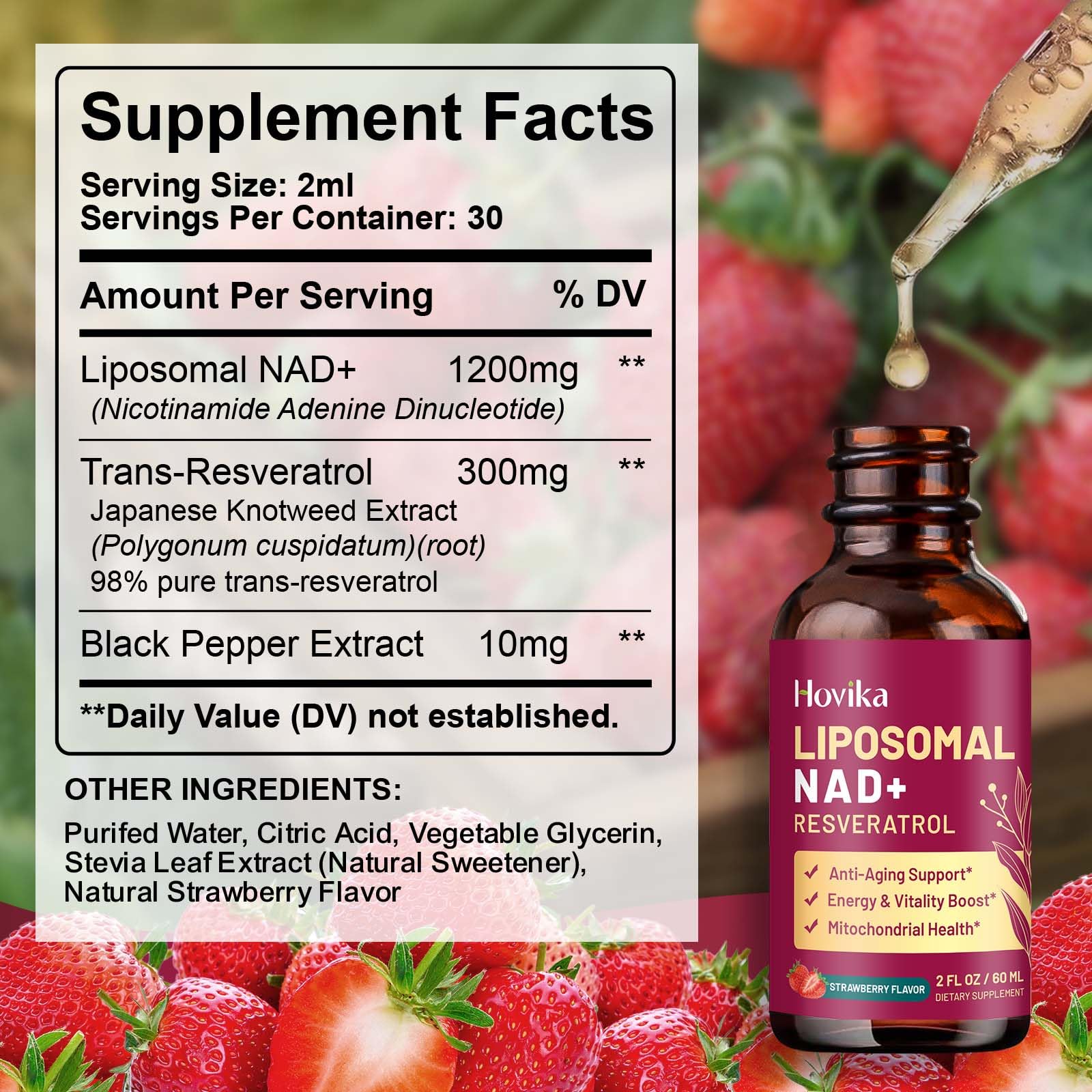 NAD+ liquid drops 1200mg strawberry 2oz label