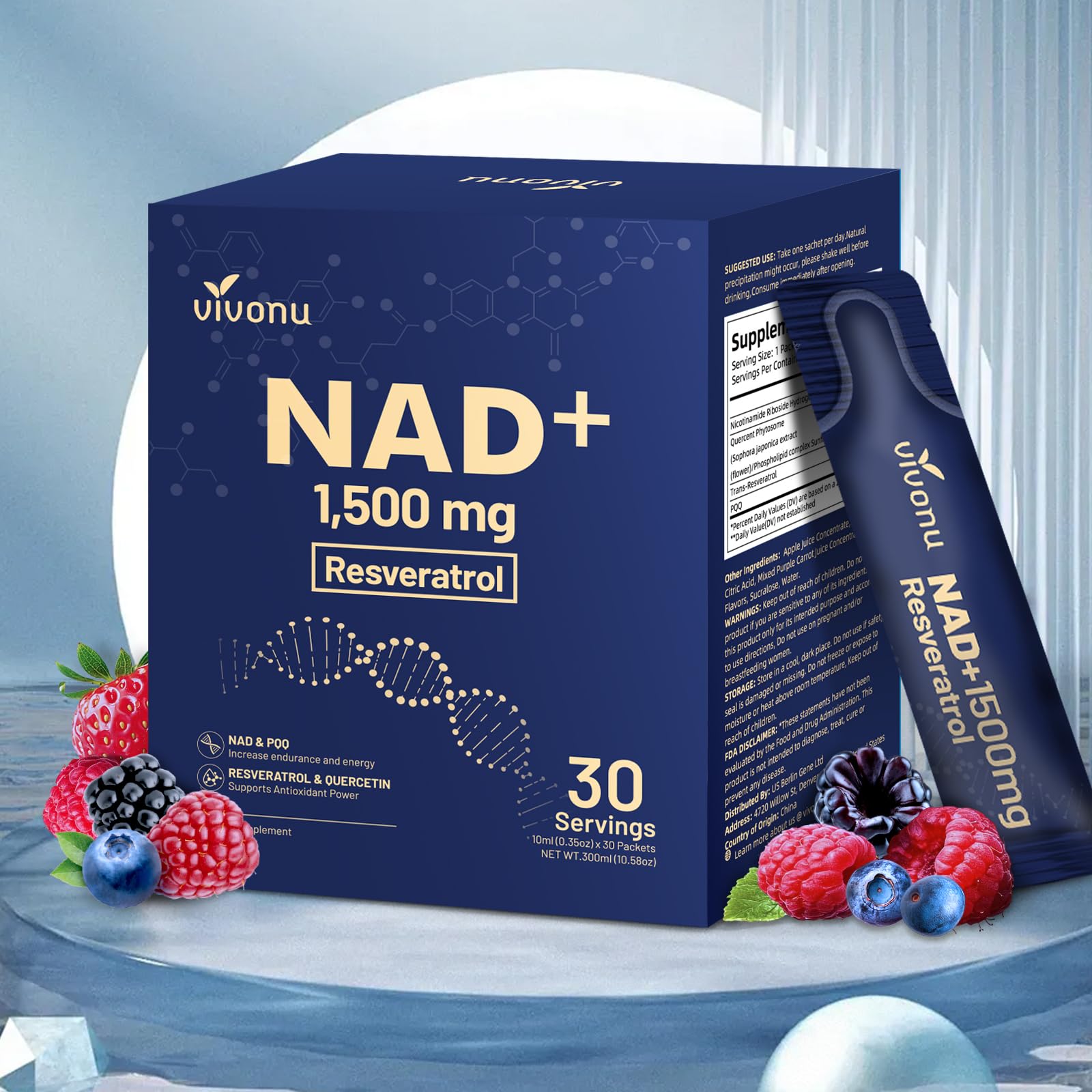 Front packaging of NAD+ liquid supplement Berry Flavor