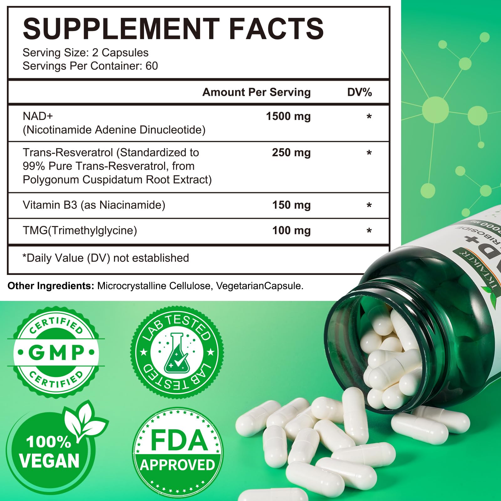 NAD+ 2000 mg supplement bottle – back label with ingredients