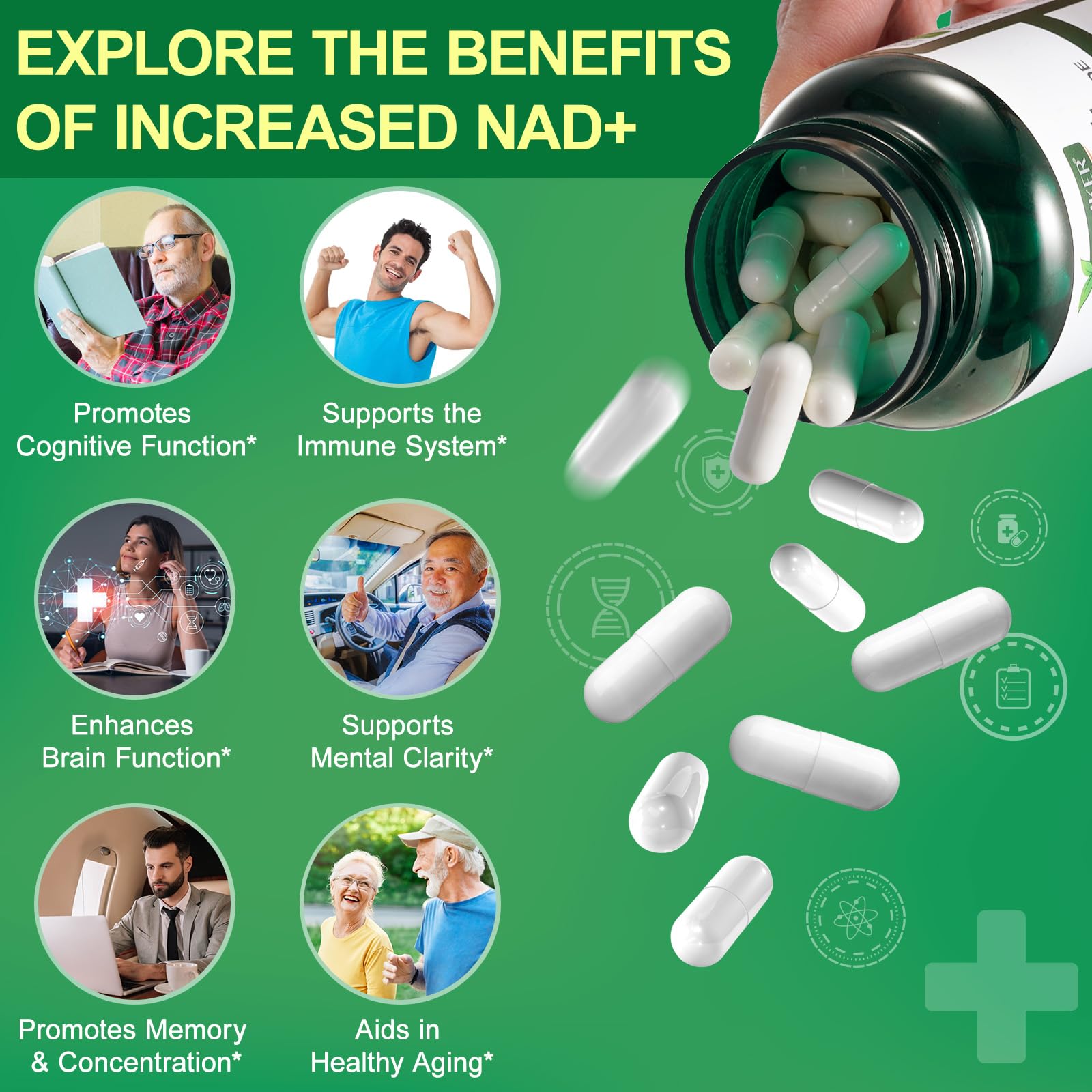 NAD+ extra strength supplement packaging and bottle – 120 pills