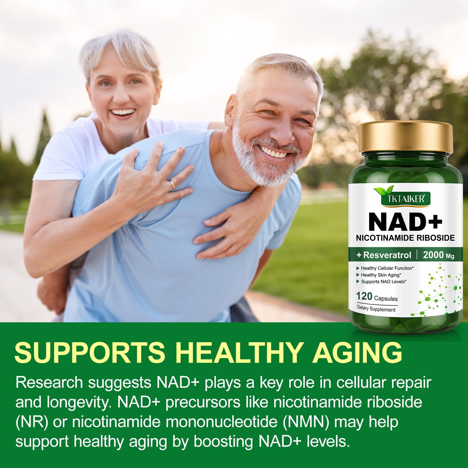 Lifestyle shot of NAD+ supplement bottle on a clean surface