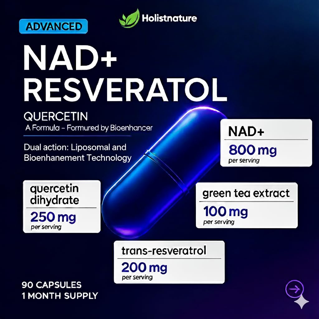 Ingredients panel highlighting resveratrol, quercetin, green tea