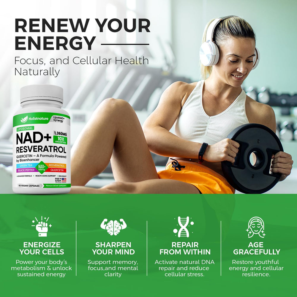 Product bottle shot showing NAD+ liposomal supplement, 90 capsules