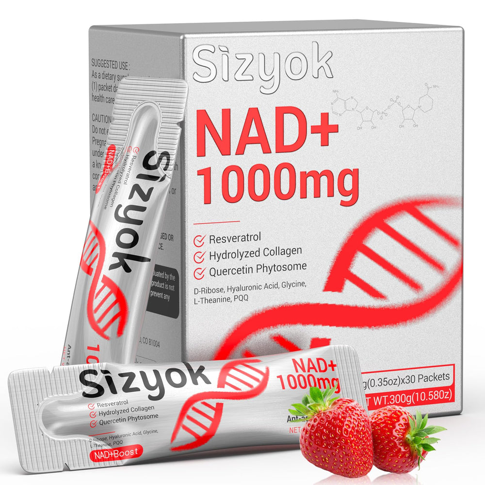 NAD+ 1000mg liquid bottle with resveratrol and collagen-hyaluronic acid ingredients