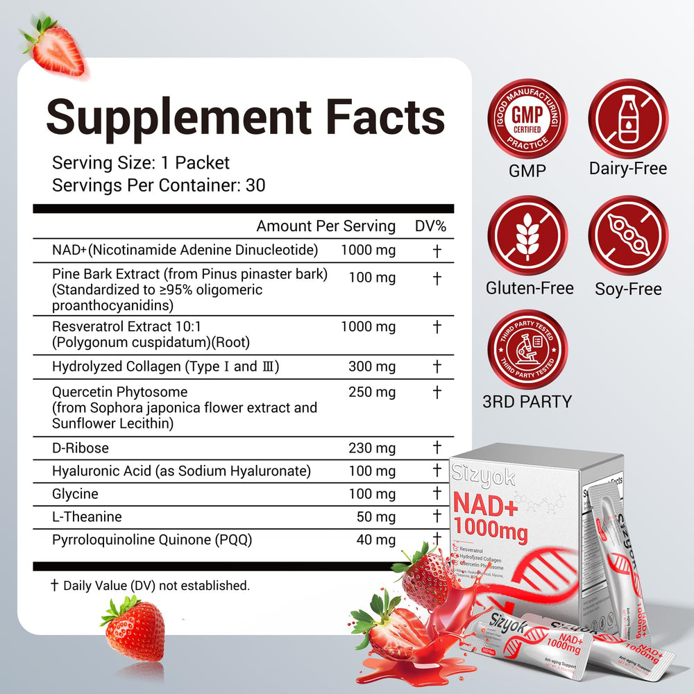 Close-up of NAD+ liquid supplement bottle highlighting trans-resveratrol 2000mg