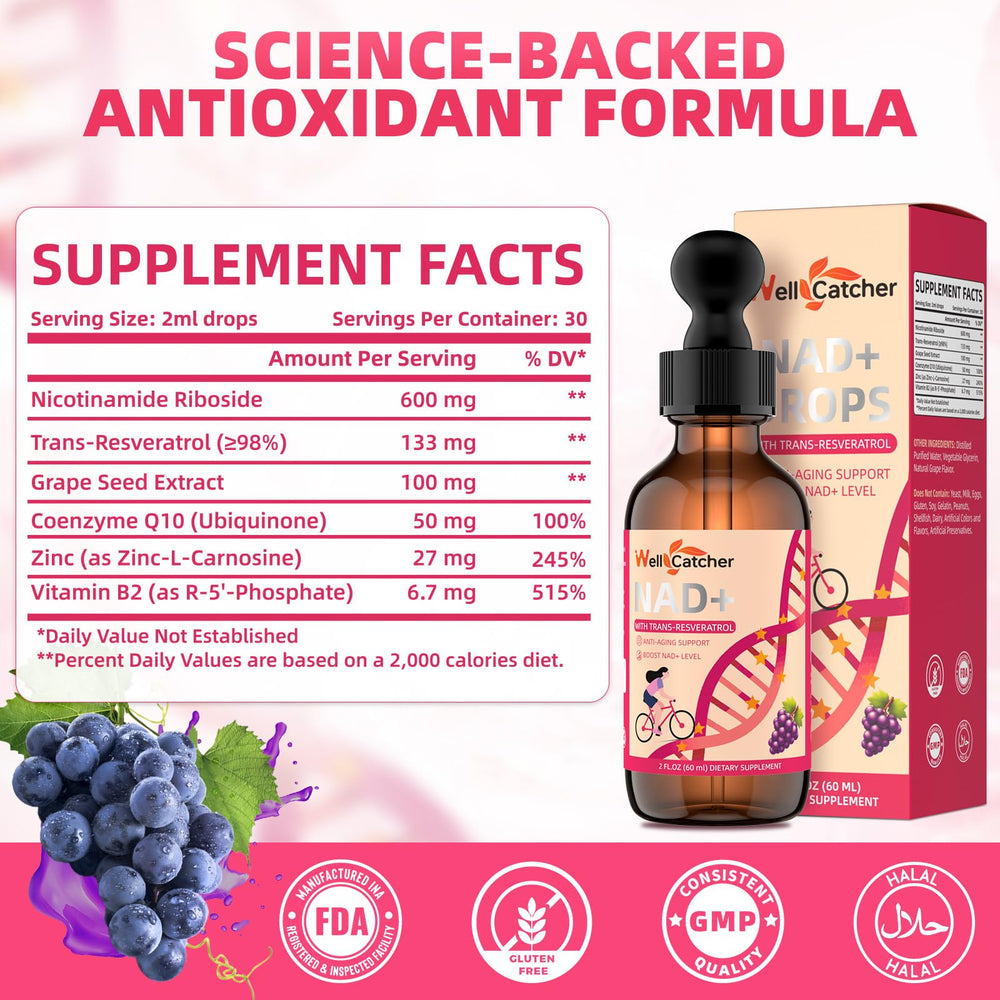 NAD+ liquid supplement bottle close-up showcasing ingredients