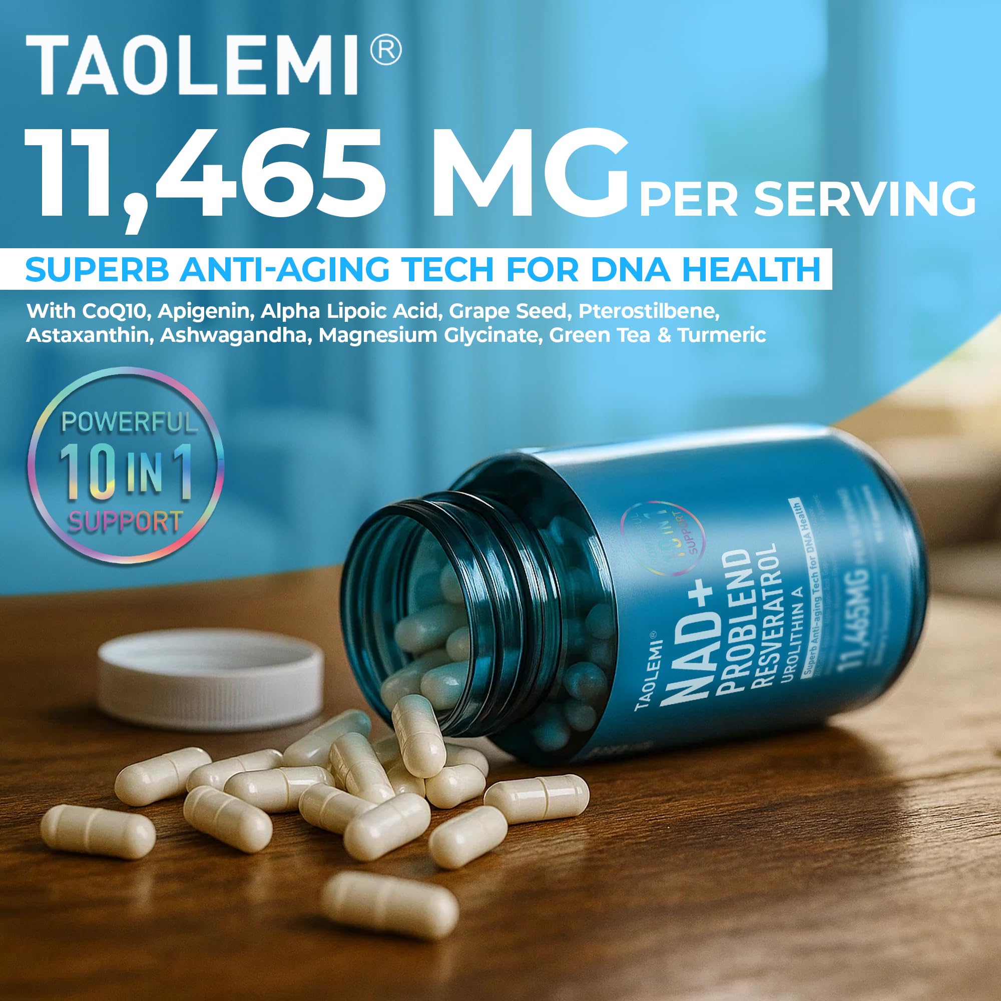 Close-up of NAD Plus supplement capsules