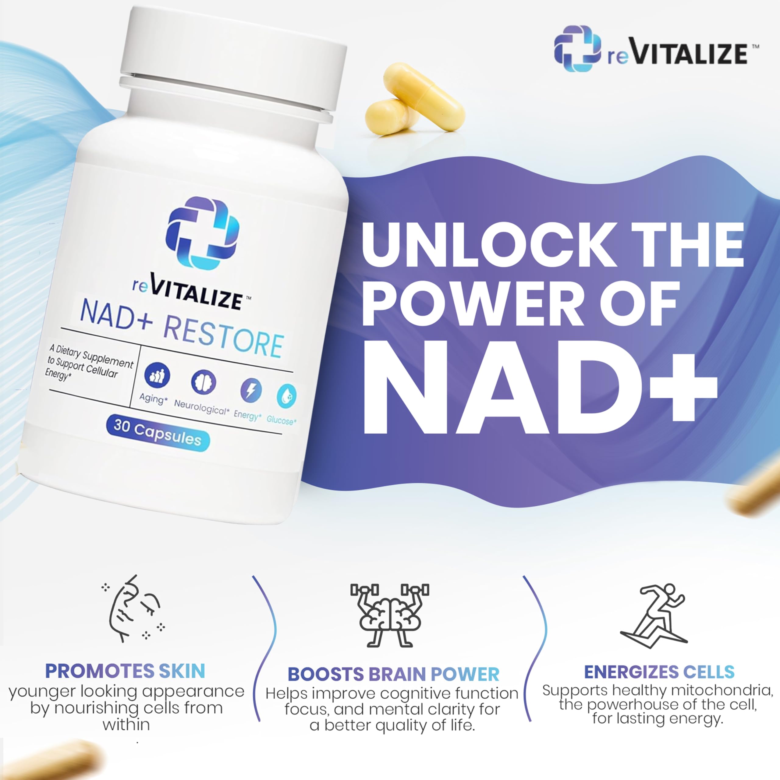 30-serving NAD+ supplement bottle and packaging