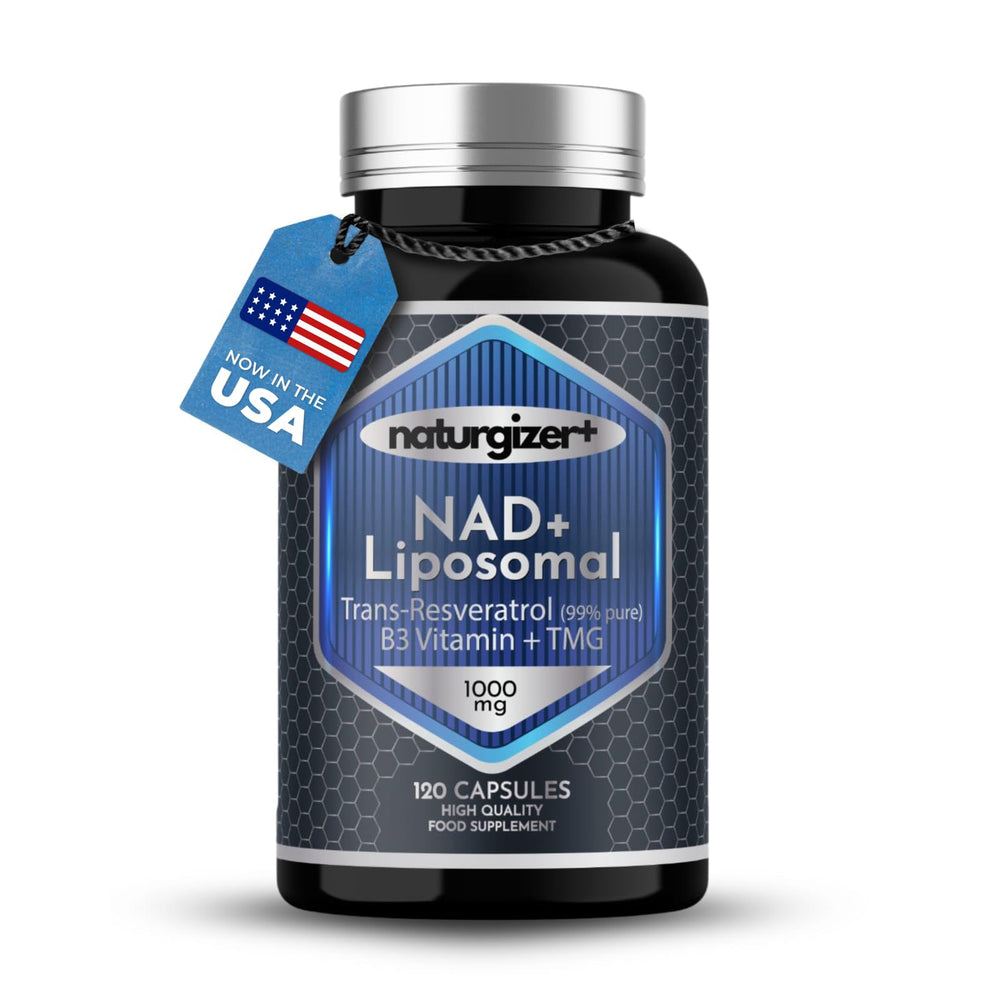 NAD+ Resveratrol bottle with 120 capsules on a white background