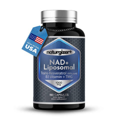 NAD+ Resveratrol bottle with 120 capsules on a white background