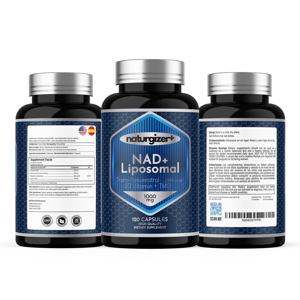 NAD+ Resveratrol bottle with label and packaging