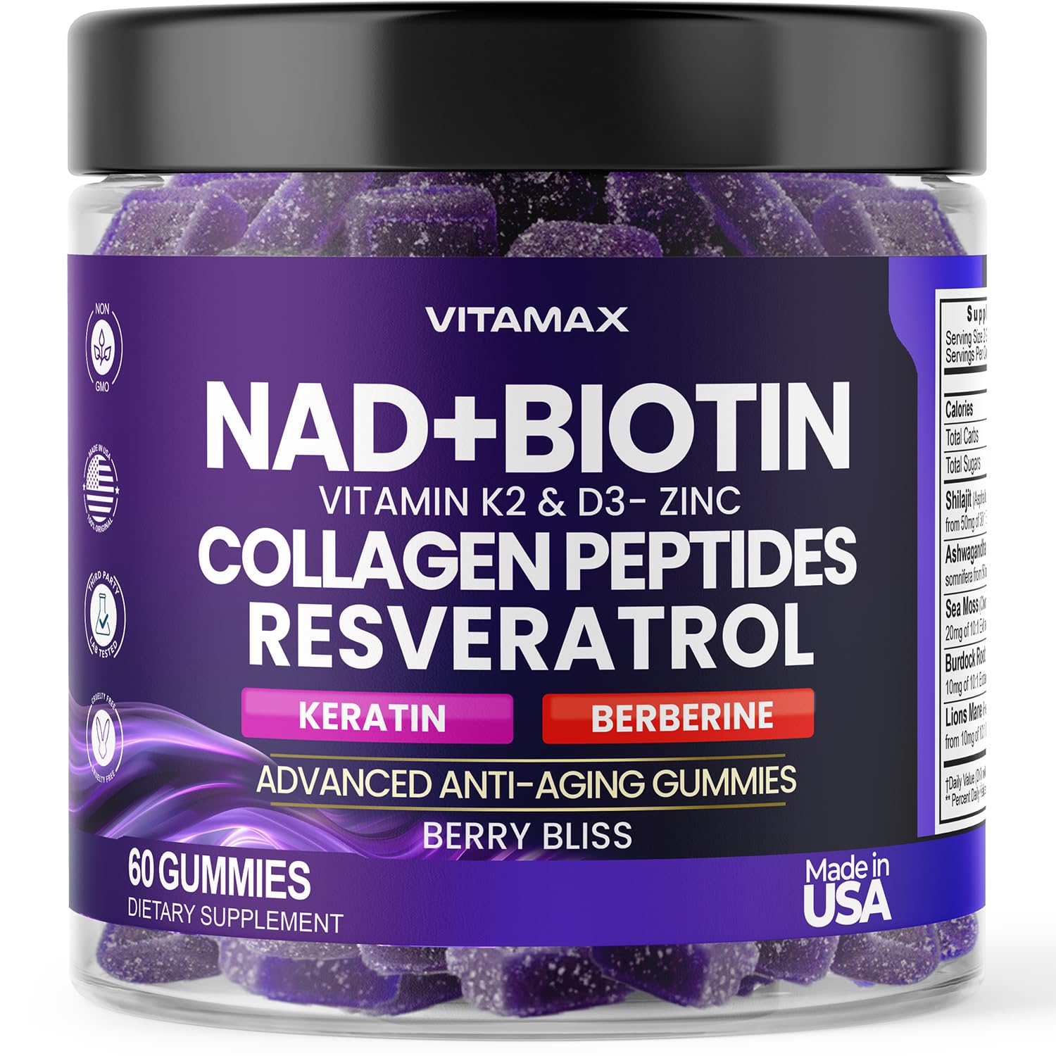 NAD+, Resveratrol, Berberine and Biotin anti-aging gummy with collagen peptides and keratin