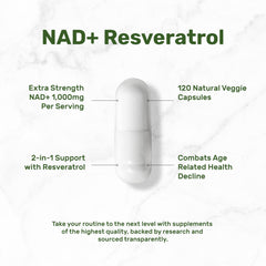 Label highlighting 1000mg NAD+ and 98% trans-resveratrol